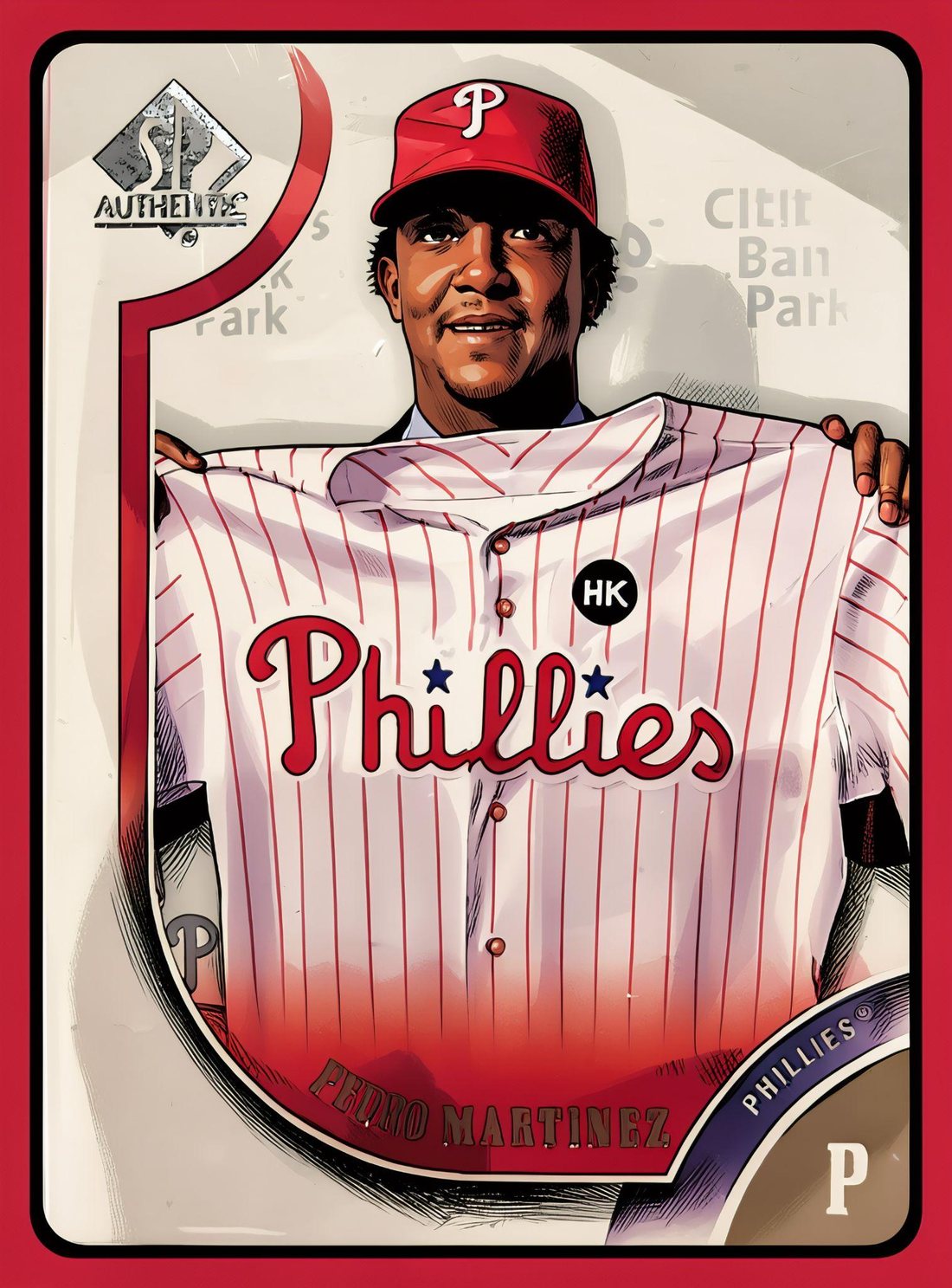 SP Authentic card: Pedro holding up a Phillies jersey