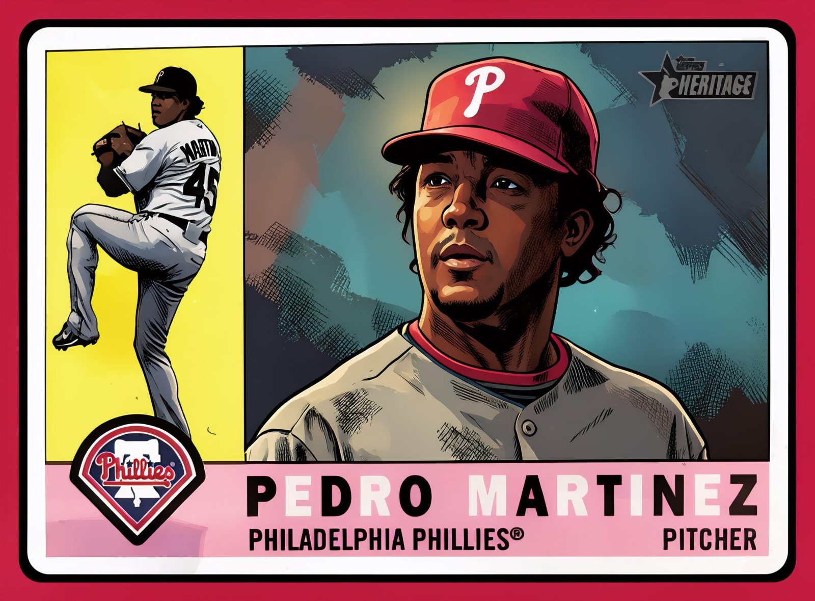 Illustrated Pedro Martínez baseball card in a Phillies cap