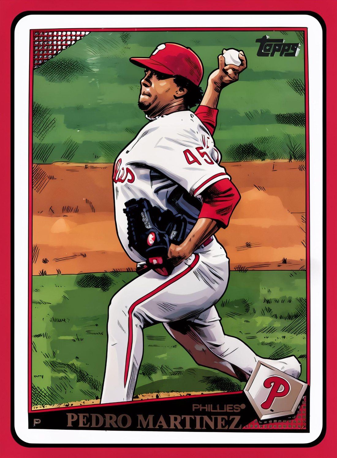 Topps card: Pedro Martínez mid-windup in Phillies whites