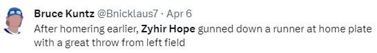 Tweet: Zyhir Hope gunned down a runner at home plate