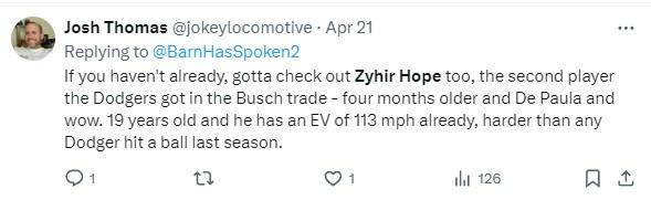 Tweet: Zyhir Hope 113 mph exit velocity
