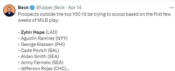Tweet: prospects outside the top 100 list including Zyhir Hope