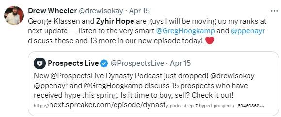 Tweet: Prospects Live podcast mentioning Zyhir Hope