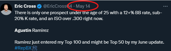 Eric Cross tweet praising Ramírez