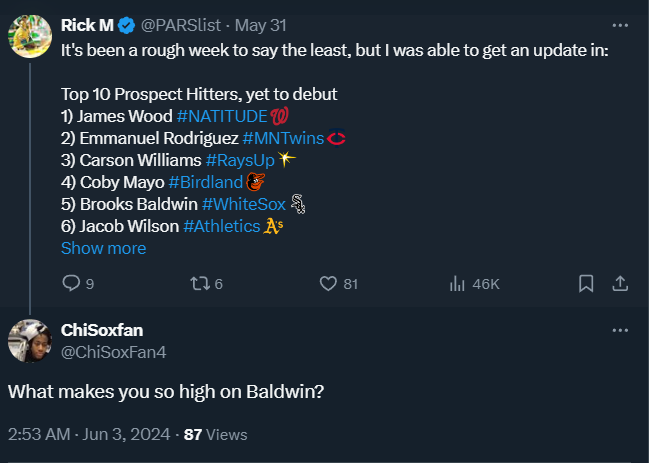 Rick M (@PARSlist) tweet listing top prospect hitters, with a reply from ChiSoxfan
