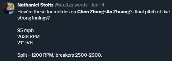 Nathaniel Stoltz tweet with Zhuang pitch metrics